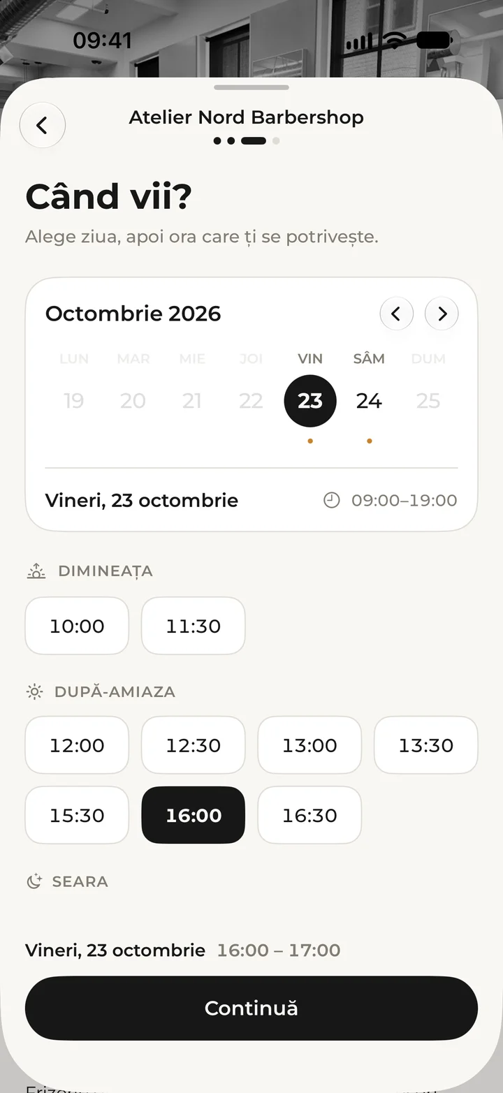 Choosing the day and time of a booking in the Kyro app, with Friday 23 October and 16:00 picked.