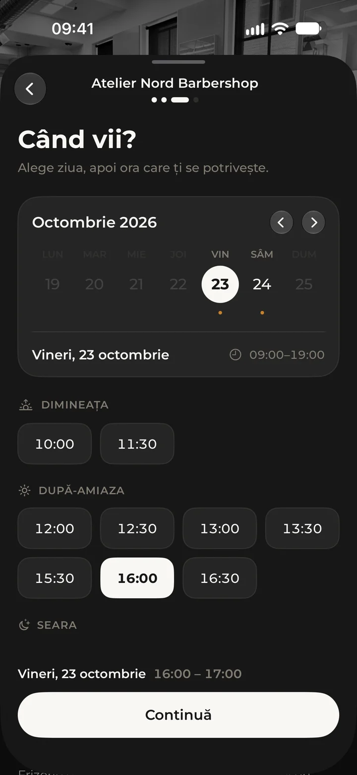 Choosing the day and time of a booking in the Kyro app, with Friday 23 October and 16:00 picked.