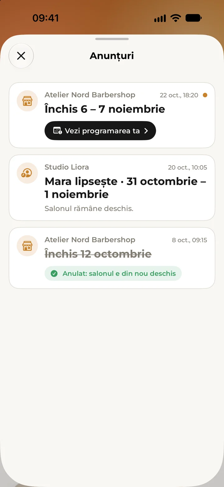 Notices in the client’s Kyro app: a salon closure that affects a booking, a specialist’s absence and a cancelled closure.