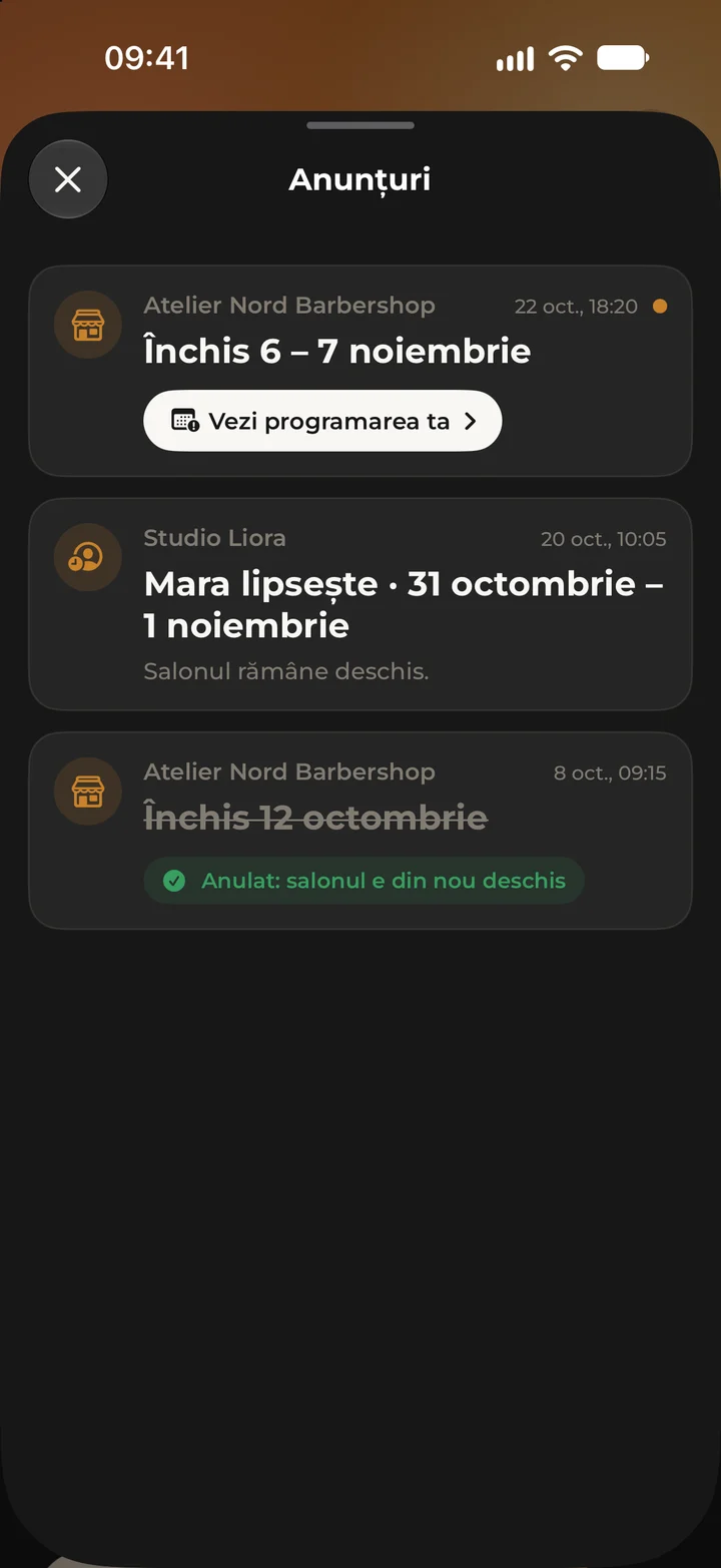 Notices in the client’s Kyro app: a salon closure that affects a booking, a specialist’s absence and a cancelled closure.