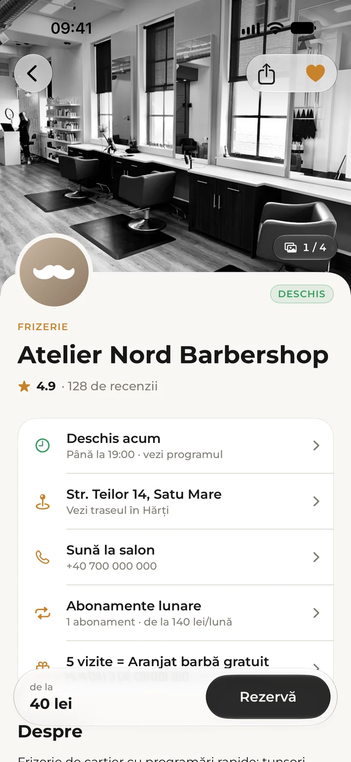 The Atelier Nord Barbershop page in the Kyro app, as clients see it: cover photo, rating, opening hours and address.