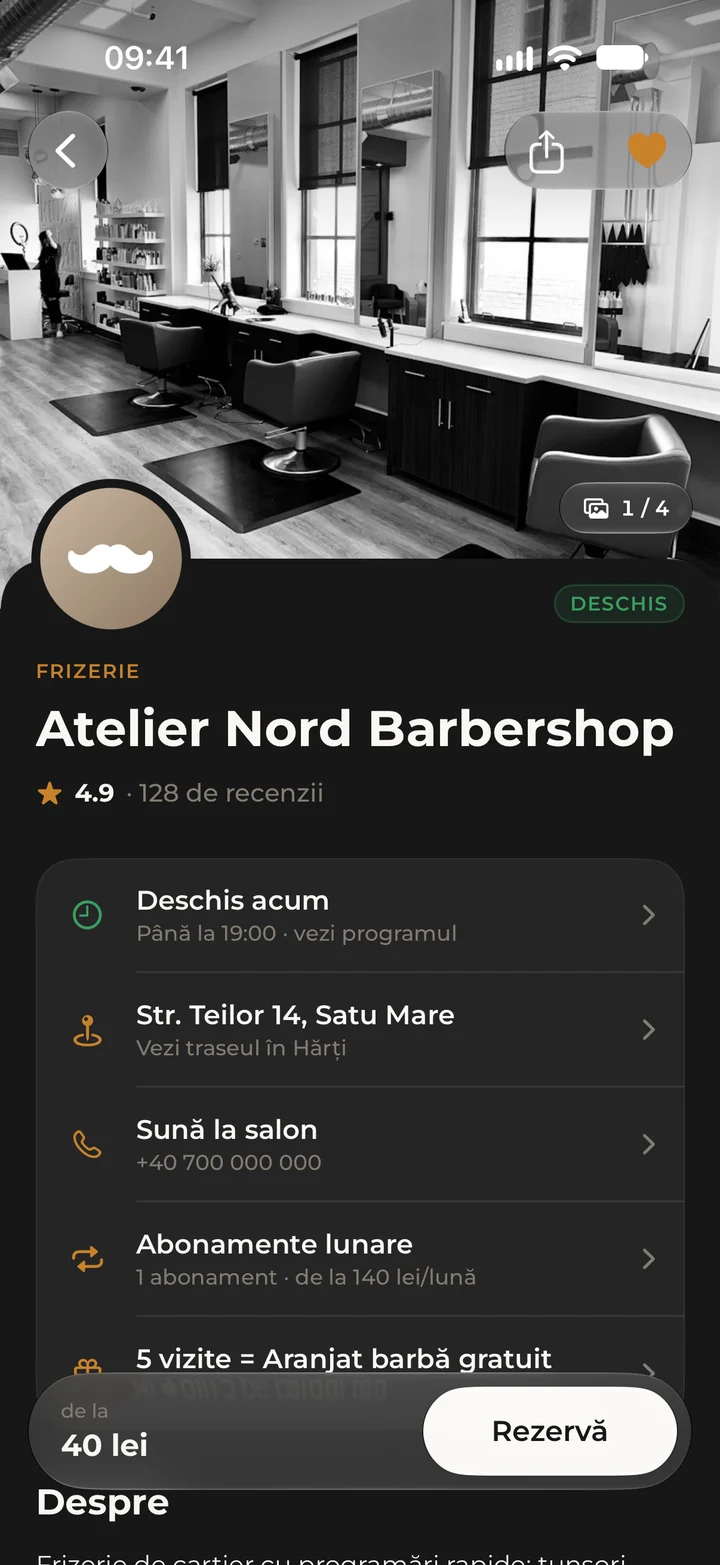 The Atelier Nord Barbershop page in the Kyro app, as clients see it: cover photo, rating, opening hours and address.