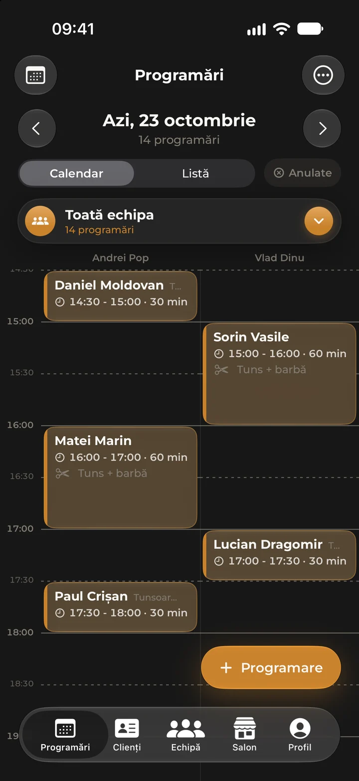 The day’s calendar in Kyro Studio in the afternoon, with the booking the client made: Matei Marin, haircut and beard with Andrei Pop, 16:00 to 17:00.