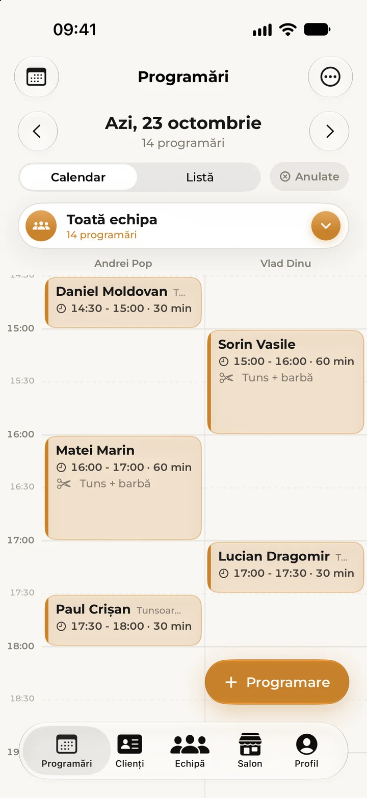 The day’s calendar in Kyro Studio in the afternoon, with the booking the client made: Matei Marin, haircut and beard with Andrei Pop, 16:00 to 17:00.