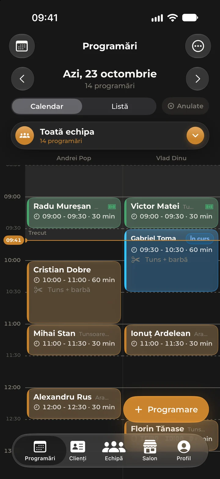 The day’s calendar in Kyro Studio for the whole team, with appointments in a column per specialist and the current-time line.