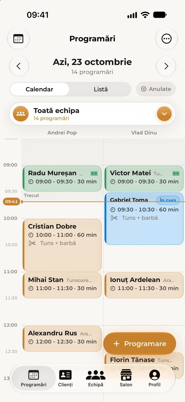 The day’s calendar in Kyro Studio for the whole team, with appointments in a column per specialist and the current-time line.