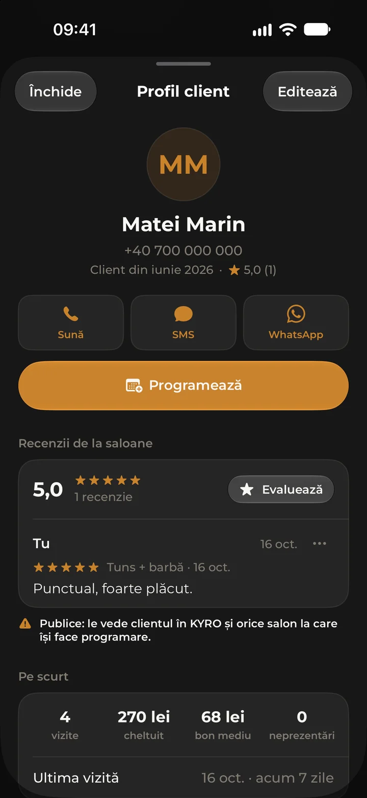 Matei Marin’s client record in Kyro Studio, with contact actions, his review of the salon and a summary of his visits.