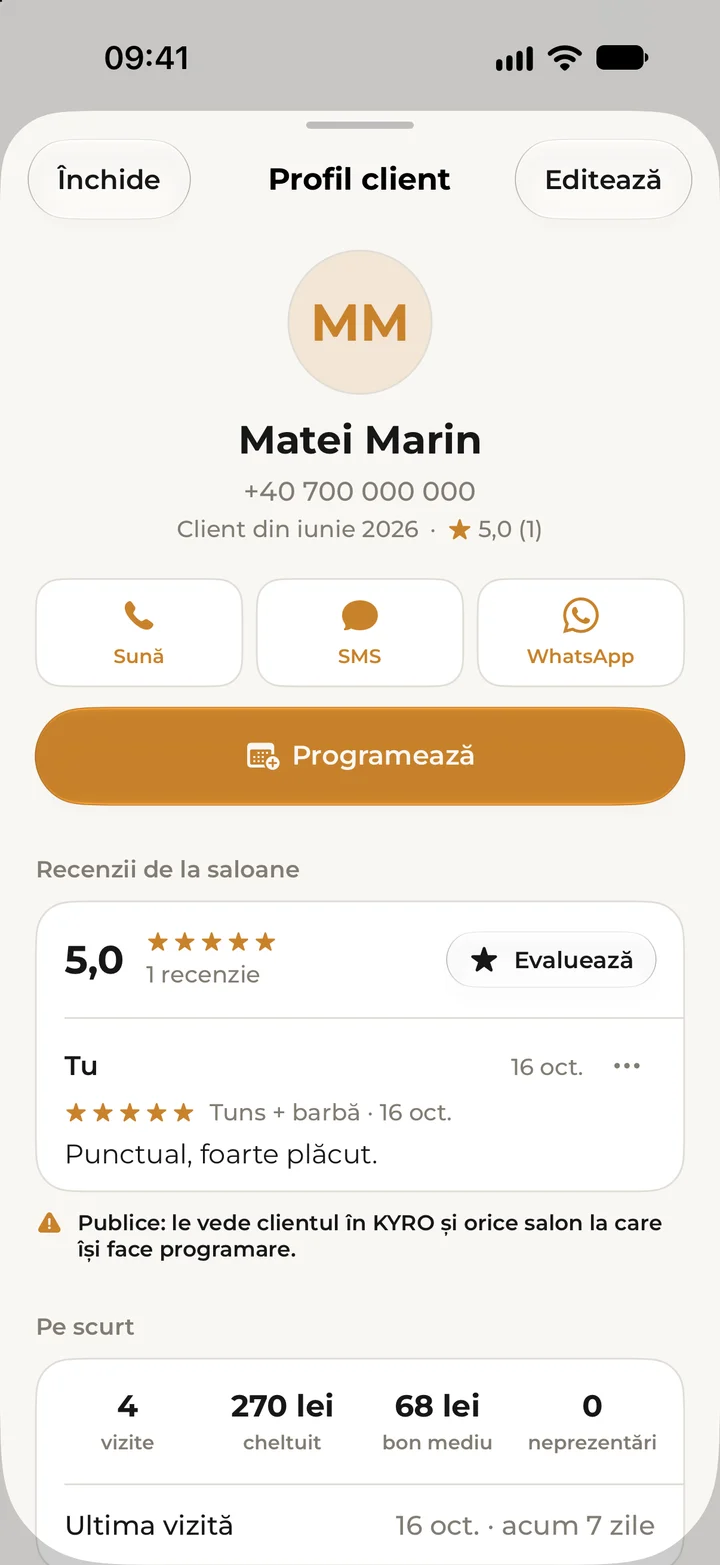 Matei Marin’s client record in Kyro Studio, with contact actions, his review of the salon and a summary of his visits.