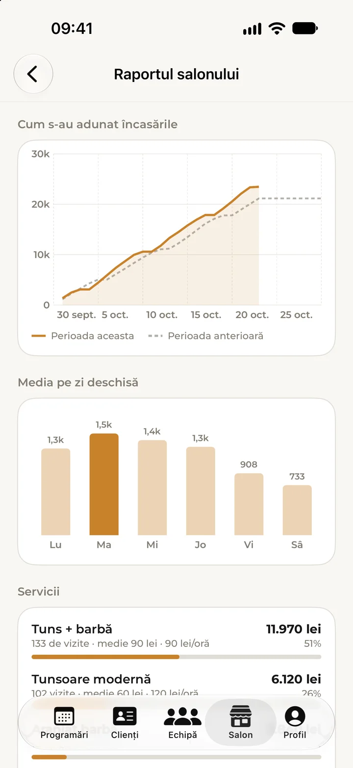 The income report charts: cumulative takings for the month, the average per weekday and the top services.