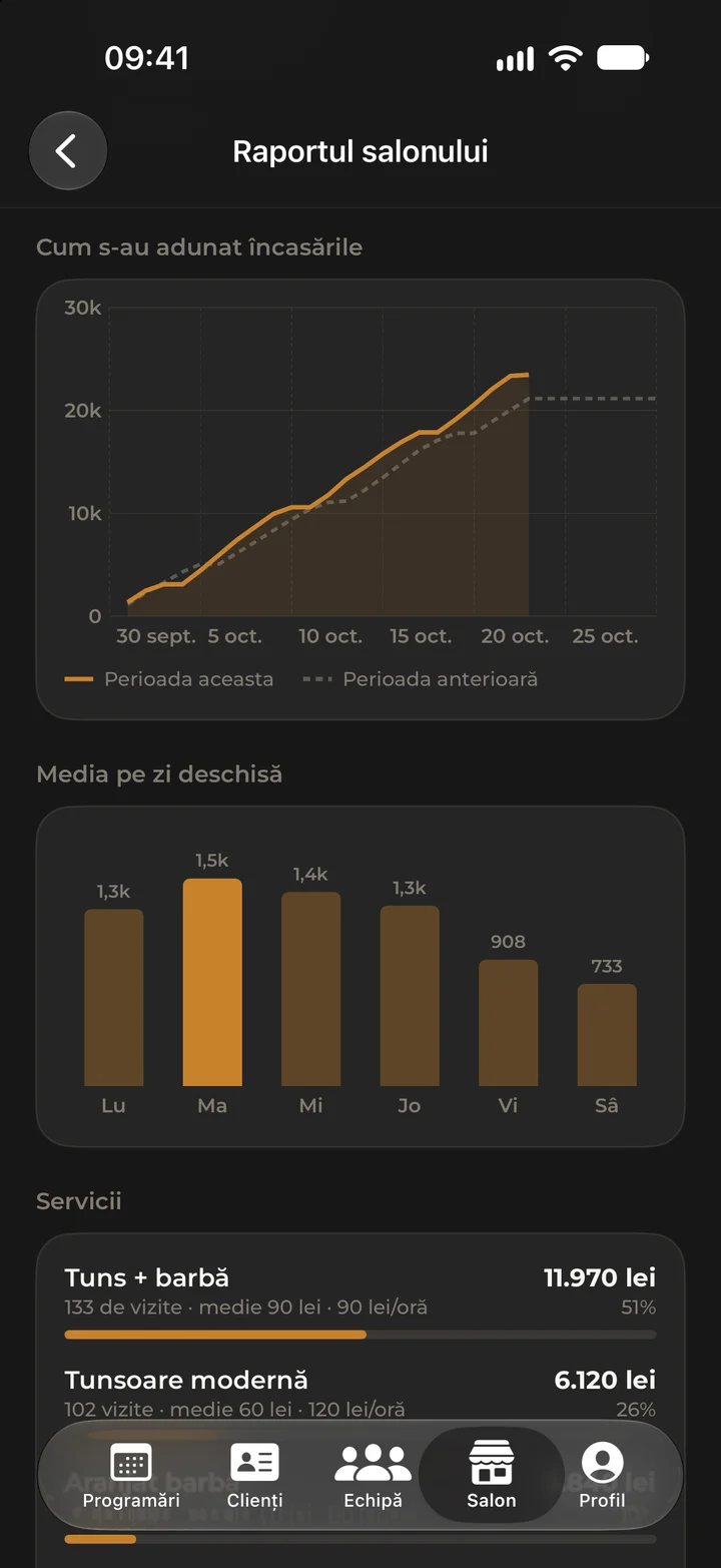 The income report charts: cumulative takings for the month, the average per weekday and the top services.