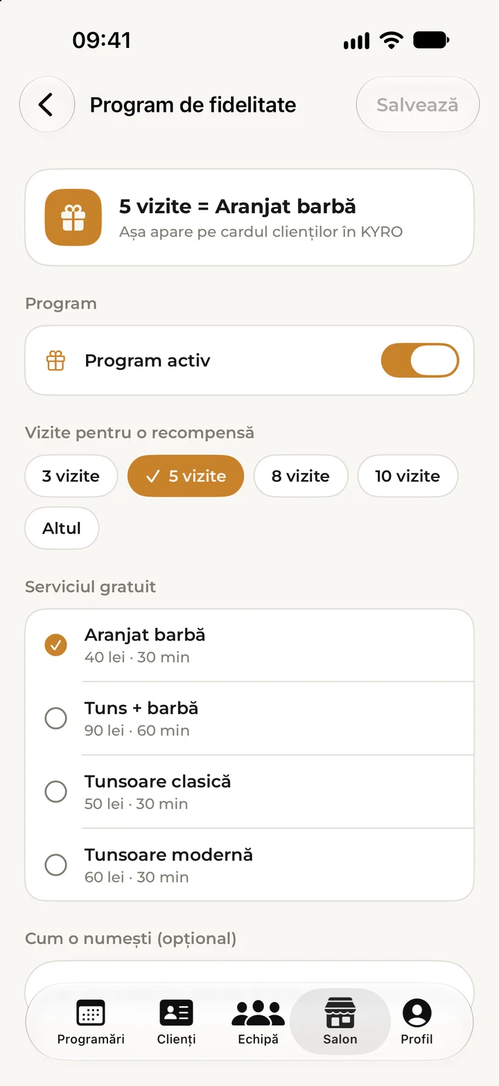 The salon’s loyalty programme settings: programme on, 5 visits and the service given for free.