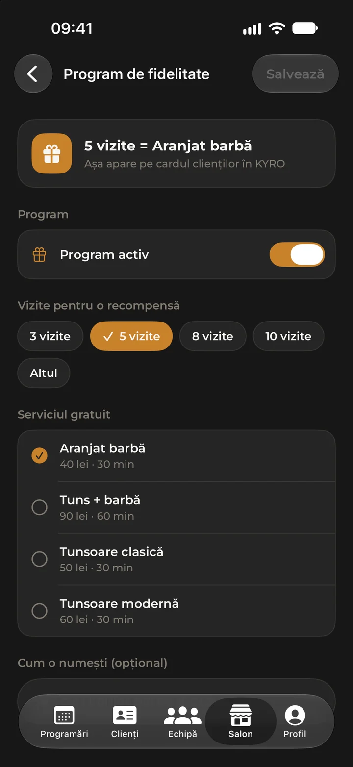 The salon’s loyalty programme settings: programme on, 5 visits and the service given for free.