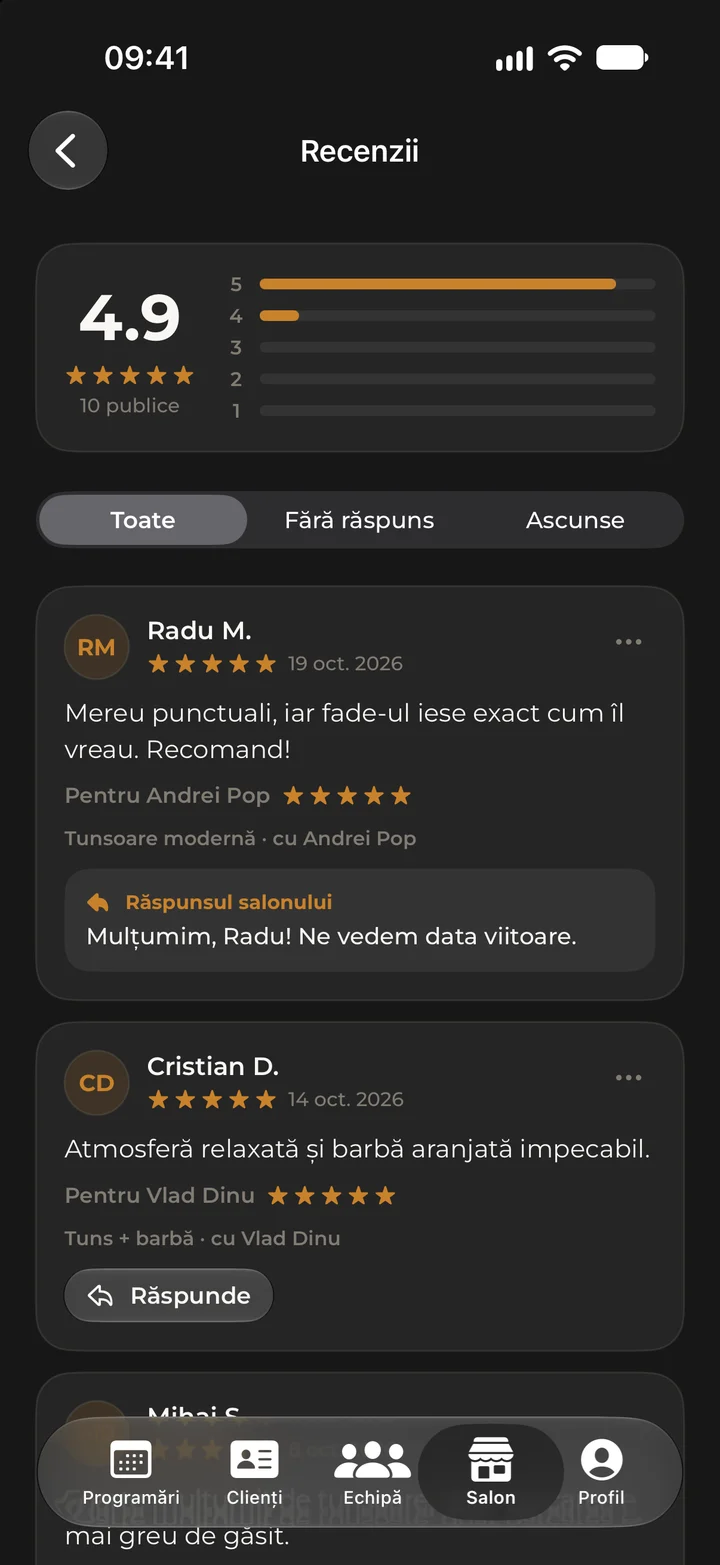 The salon’s reviews in Kyro Studio, with the rating breakdown, a published reply and the reply button.