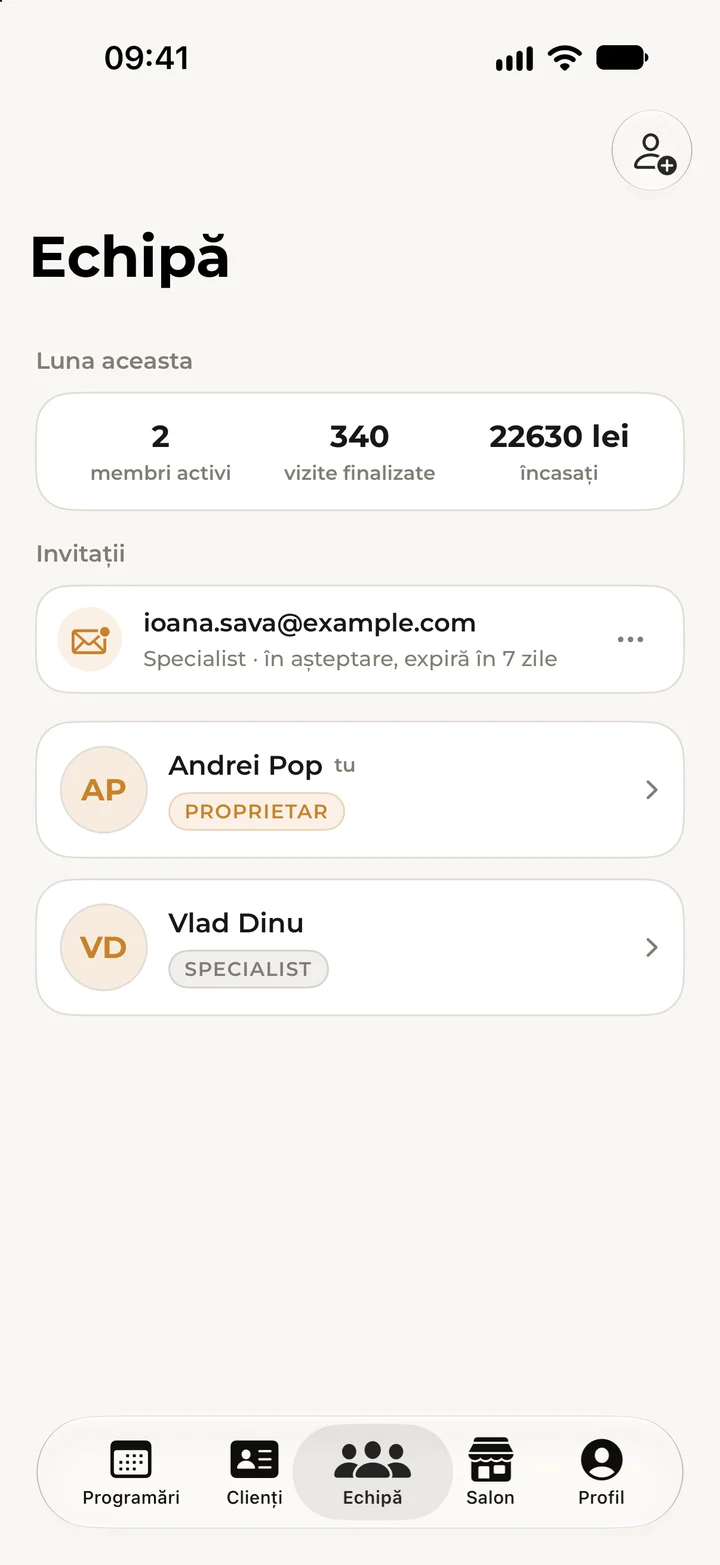 The Team screen in Kyro Studio, with this month’s results, a pending invitation and the team members.