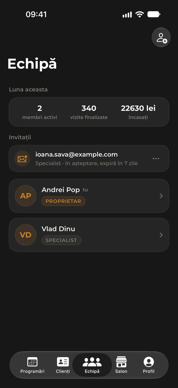 The Team screen in Kyro Studio, with this month’s results, a pending invitation and the team members.